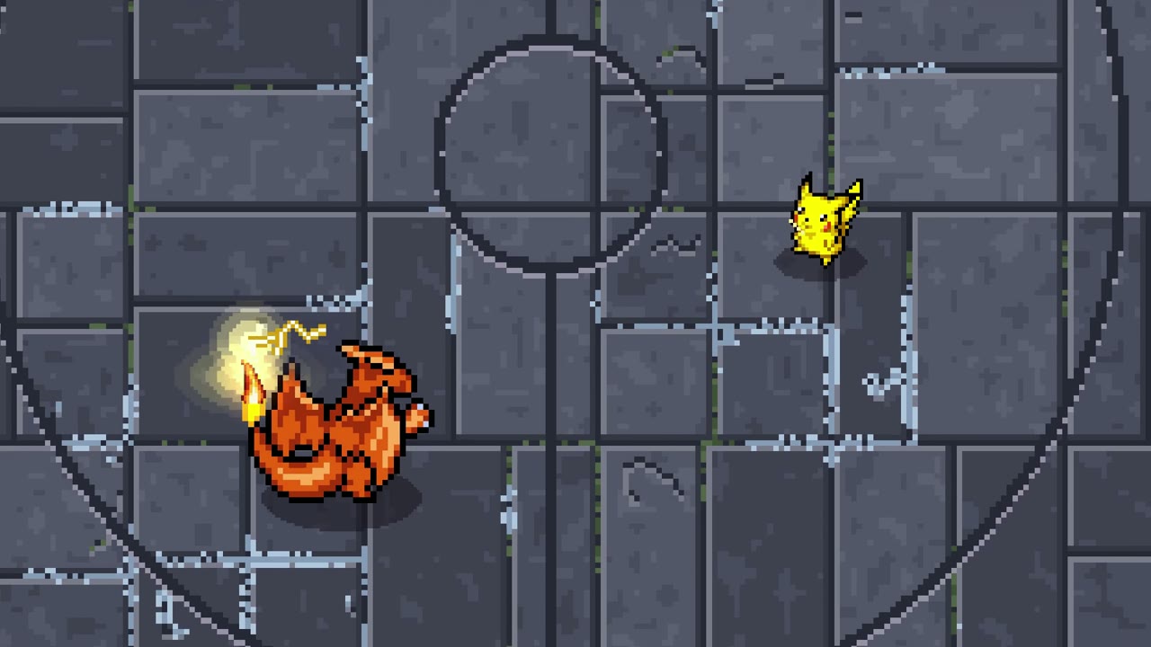 Charizard and Pikachu on a cracked stone arena floor