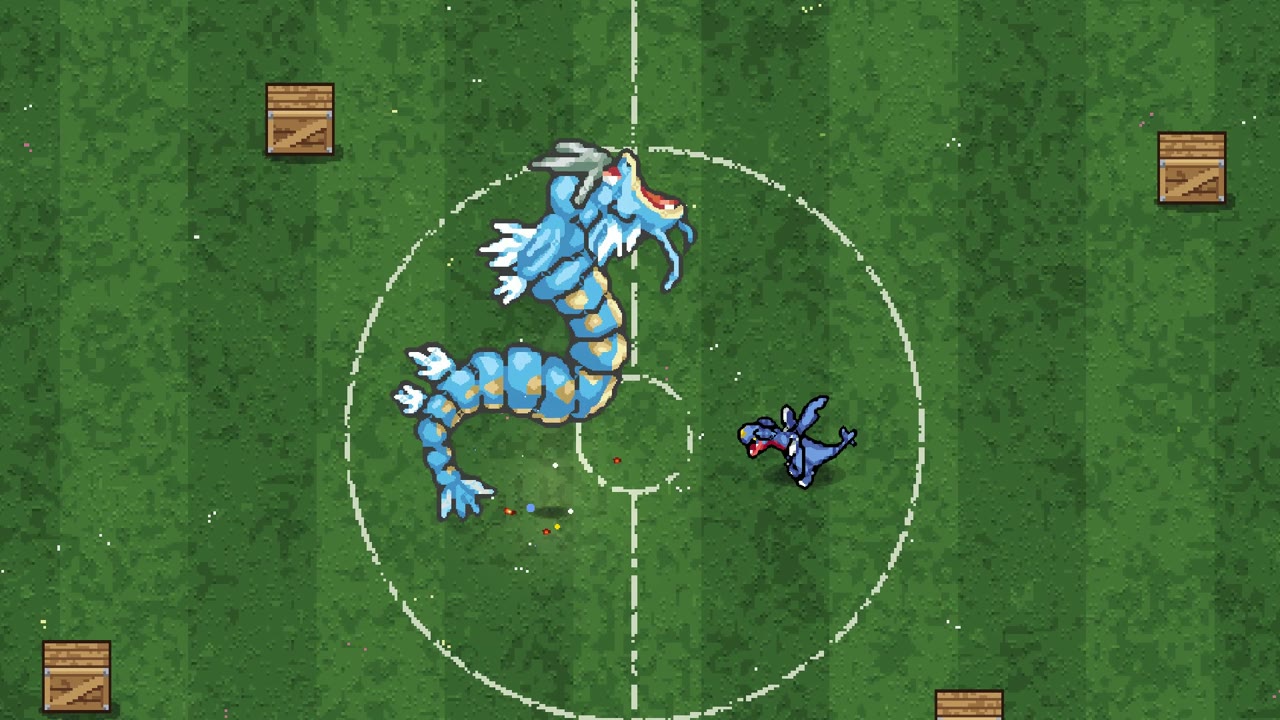 Gyarados circling a smaller Pokémon on a grass arena