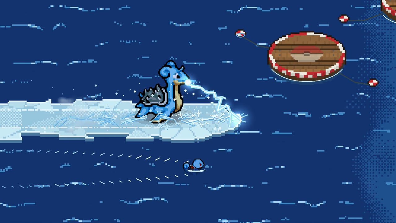 Lapras surfing an ice path across water, firing a beam, in Pokémon Arena
